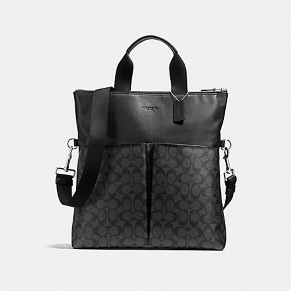 Mens Coach Charles Foldover Tote Black Leather Messenger Tote New - Picture 2 of 10